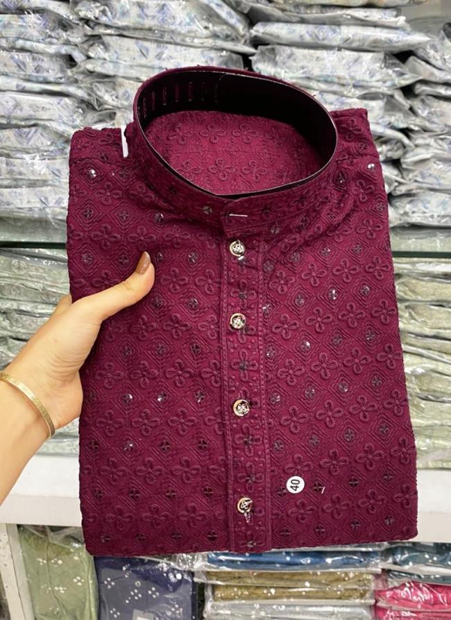 Rayon Magenta Casual Wear Thread Work Readymade Kurta Pajama